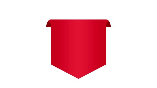 Red vertical hanging ribbon banner title overlay animation with smooth reveal motion from horizontal line on white background and green screen. 4K animated for title, copy space, and text placeholder.