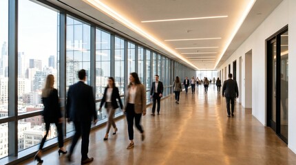 Plakat Business professionals walking in a modern office hallway with city view