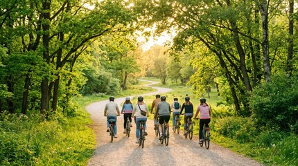 Obraz premium Group of friends cycling on a winding path through a lush green forest during golden hour