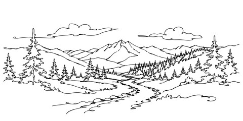 Fototapeta premium A peaceful mountain valley with a winding river flowing through dense pine forests and rolling hills, capturing the beauty of untouched wilderness and scenic outdoor adventure.