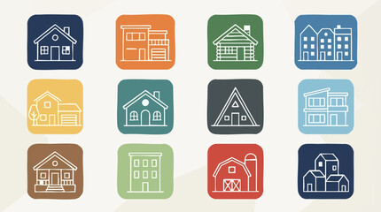 Outline icons of various house and building types on colorful backgrounds © Colorgraph