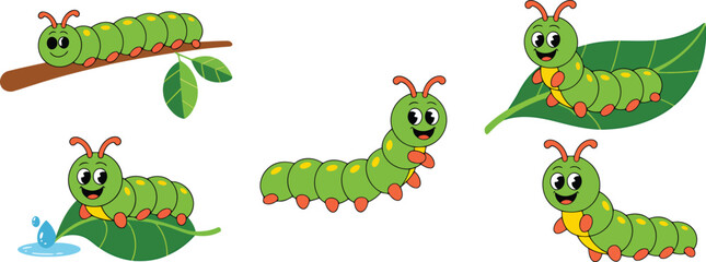 Fototapeta premium Cute cartoon caterpillars on leaves vector illustration