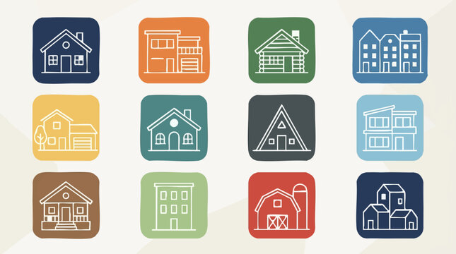 Outline icons of various house and building types on colorful backgrounds