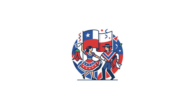Chilean Couple Dancing Cueca with Flags and Festive Decorations