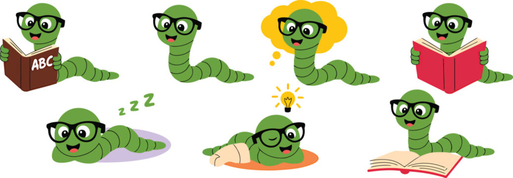 Cartoon worms studying and reading books vector illustration