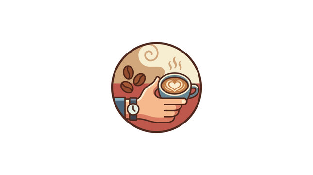 Hand holding latte art coffee cup with beans and steam, flat design