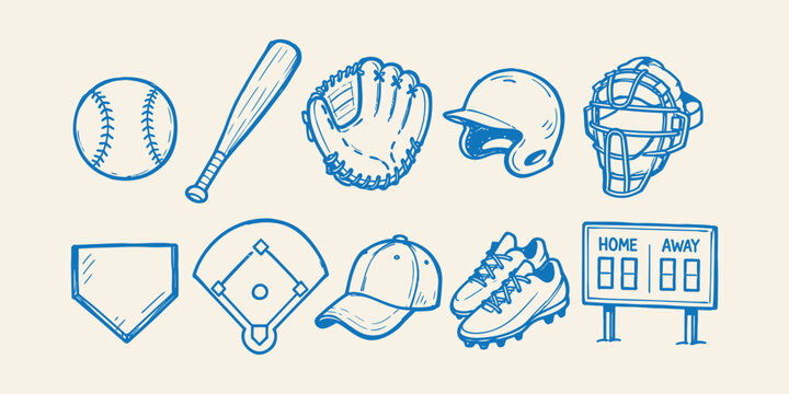 baseball elements and team sport tournament doodle icon set with ball bat glove helmet catcher mask home plate field cap cleats and scoreboard vector illustration
