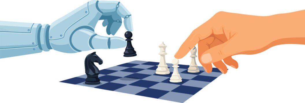 Artificial intelligence robot playing chess against human vector illustration