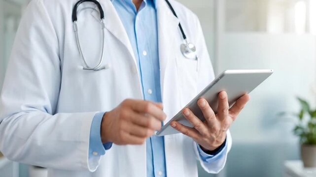 Male doctor in a white coat and stethoscope using a digital tablet close up. Medical professional working with electronic health records.
