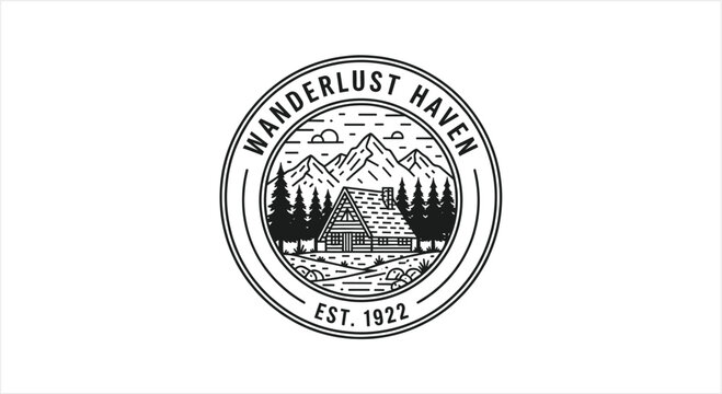 Wanderlust Haven Est 1922 Mountain Cabin Emblem.