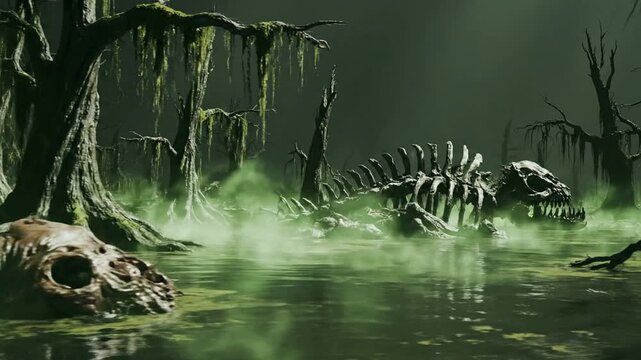Eerie swamp landscape with ancient monster skeleton and toxic green mist in dark haunted forest marsh