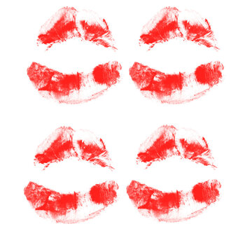 Red Lipstick Kiss Prints Grid Pattern on White Background