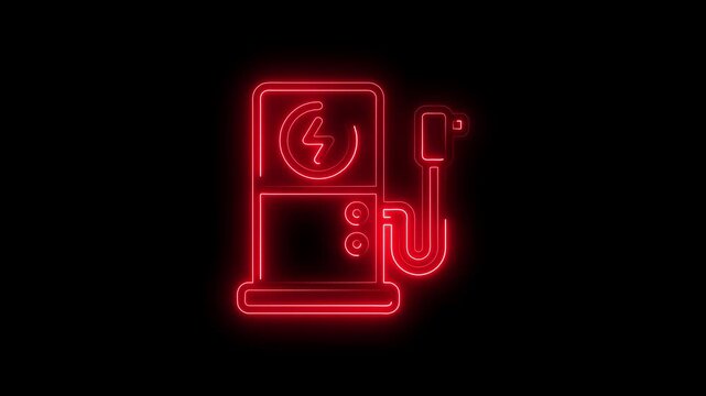Neon red electric vehicle charging station icon on black background