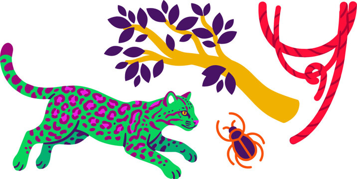 Tropical Jungle Wildlife Icon Set Featuring Spotted Green Leopard Tree Branch Crawling Beetle Bug and Red Climbing Vine for Nature Theme Designs