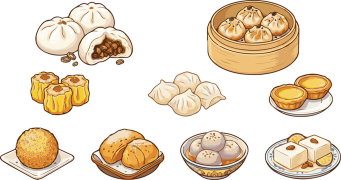 Collection of Traditional Chinese Dim Sum, Vector Illustration of Steamed Buns, Dumplings, Shumai, Egg Tarts, Sesame Balls and Tofu, Popular Asian Cuisine Icons for Restaurant Menu Graphic Design