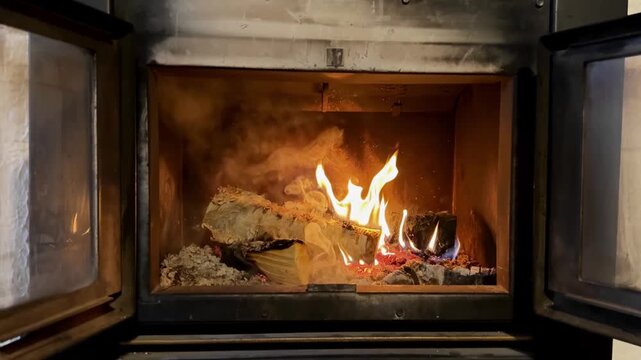 Burning Firewood Inside a Fireplace Creating Warmth in a Cozy Home. Close-up view of glowing flames and burning logs in a traditional indoor fireplace