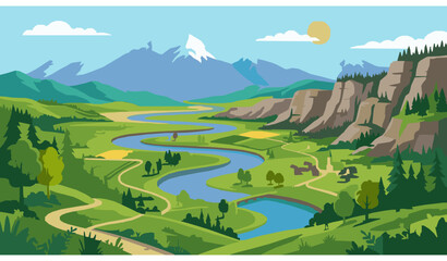 Wide river valley landscape vector illustration © MstLiza