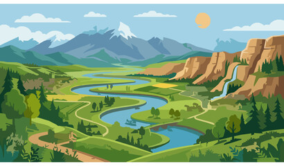 Scenic river valley panorama vector illustration © MstLiza