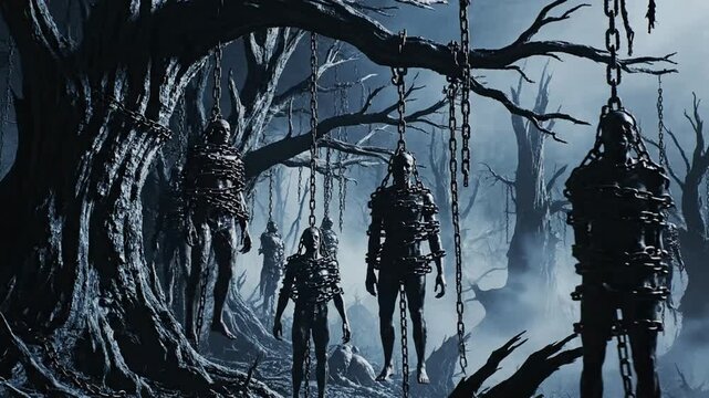 Dark fantasy forest with eerie figures bound in heavy chains, gothic horror atmosphere for cinematic backgrounds