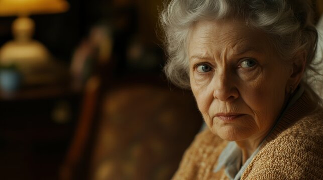 Senior woman in deep thought sitting at home.