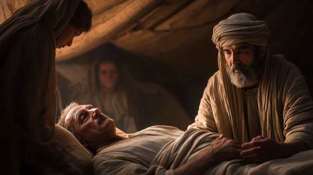 The aged Isaac rests upon his bed and extends his hands over Jacob, bestowing a blessing that will shape generations, while Rebekah watches as God&rsquo;s covenant promises continue through the chosen famil
