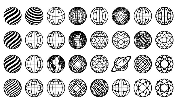 Globe grid sphere vector set with striped 3D globes latitude and longitude symbols