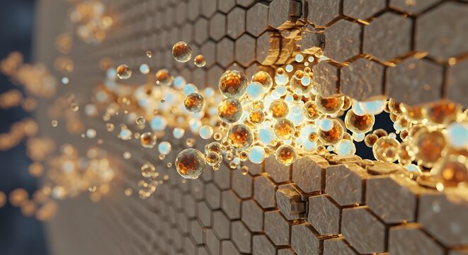 Blurred honeycomb pattern with shining light reflections on beige background