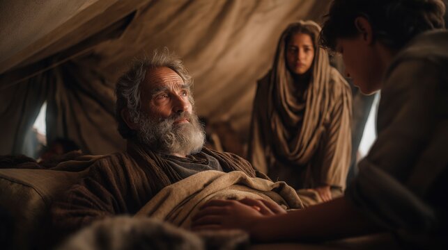 Isaac places his hands upon Jacob and pronounces a blessing, while Rebekah watches nearby, capturing a pivotal moment of inheritance, destiny, and the unfolding of God&rsquo;s covenant promises.
