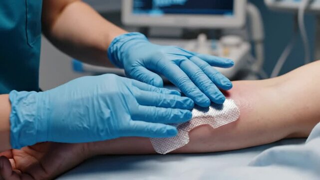 Medical applying sterile wound dressing to patient arm in clinical setting healthcare bandage