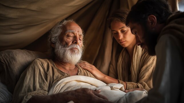 The aged Isaac rests upon his bed and extends his hands over Jacob, bestowing a blessing that will shape generations, while Rebekah watches as God&rsquo;s covenant promises continue through the chosen famil