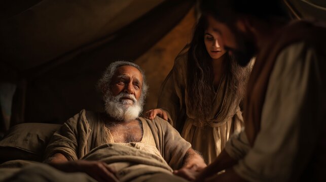 Isaac places his hands upon Jacob and pronounces a blessing, while Rebekah watches nearby, capturing a pivotal moment of inheritance, destiny, and the unfolding of God&rsquo;s covenant promises.
