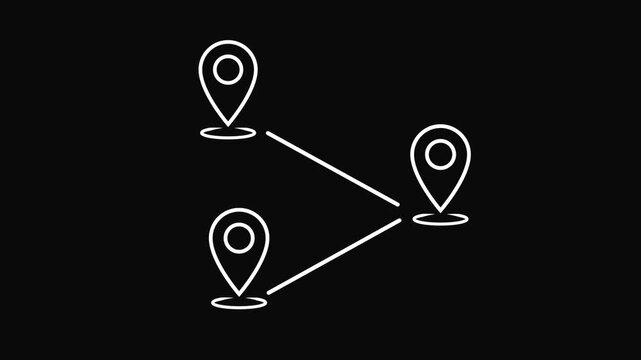 Three Location Pin Indicator Animation, Multi Destination GPS Marker Motion Graphic, Route Tracking Navigation Overlay with black Screen