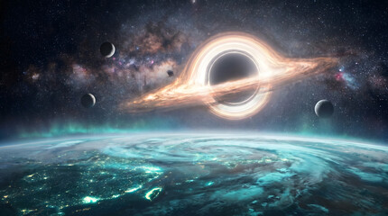 Fototapeta premium A massive black hole with an accretion disk looming over a glowing alien planet in deep space.