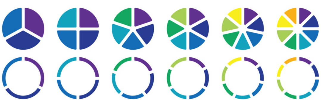 Circle division infographic icon set. Pie chart divided. Color pizza or donut round diagram. Infographic wheel segment and fraction. Vector illustration isolated on white background. EPS 10.