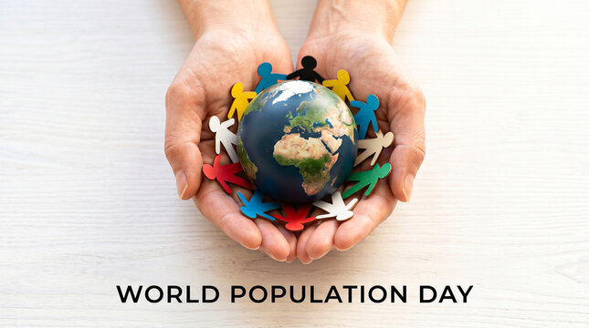 World Population Day concept with hands holding globe and colorful paper people, global community and diversity awareness, international unity and ecology