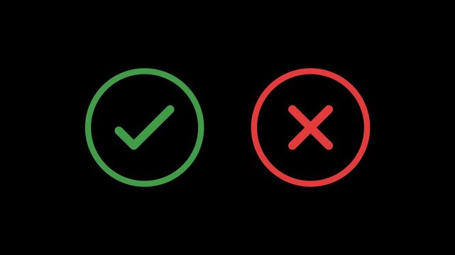 Animated green check mark and red cross icon set with approval rejection symbols success validation signs and 4K alpha channel motion graphics.