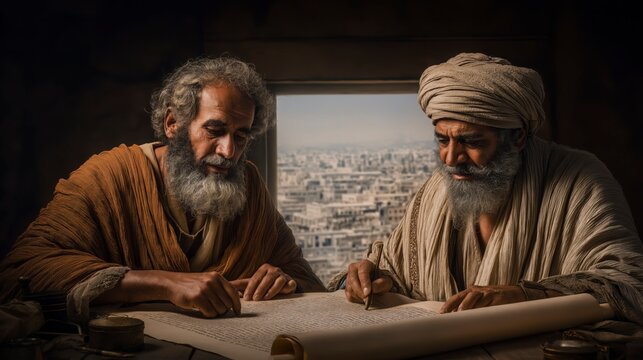 Jeremiah dictates God&rsquo;s message while Baruch carefully records the words on a scroll, preserving a prophetic warning and a call for the people to return to faithful obedience.

