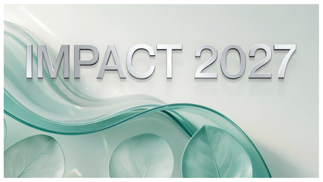 Modern Sustainability Typography Banner Graphic Presenting Impact 2027 Text Concept Design Decorated with Elegant Transparent Glass Swirls and Green Eco Leaves
