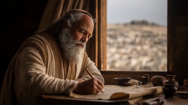 Jeremiah dictates God&rsquo;s message while Baruch carefully records the words on a scroll, preserving a prophetic warning and a call for the people to return to faithful obedience.
