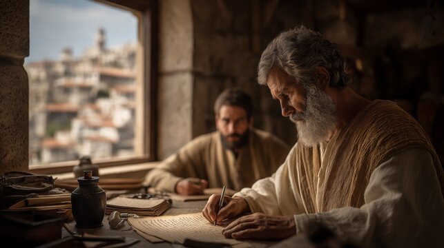 Jeremiah dictates God&rsquo;s message while Baruch carefully records the words on a scroll, preserving a prophetic warning and a call for the people to return to faithful obedience.
