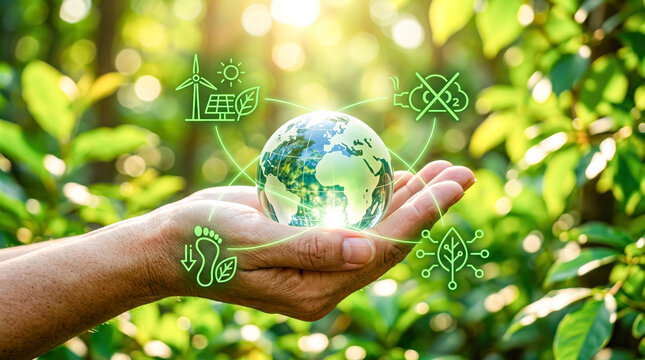Human hands holding a glass globe with green environmental icons