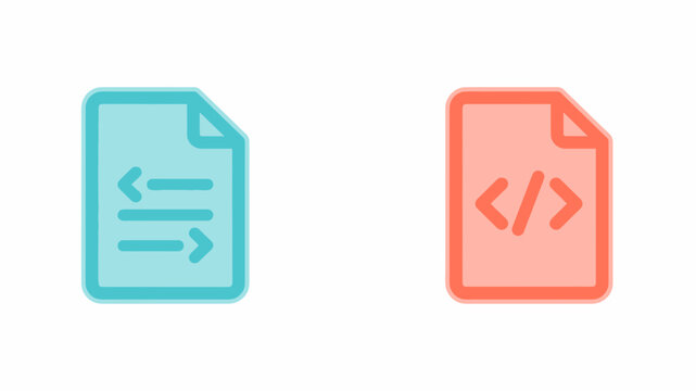 Data transfer and programming code document icons for software development and file management