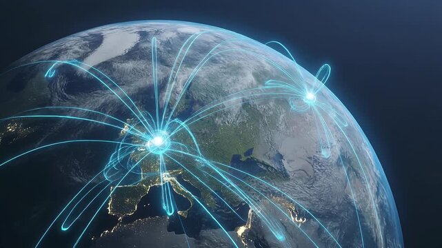 Global network connections spanning across the Earth's continents, illustrating worldwide communication and data transfer.