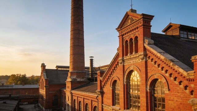 Abandoned textile factory complex in Żyrard&oacute;w with red brick weaving mill buildings.