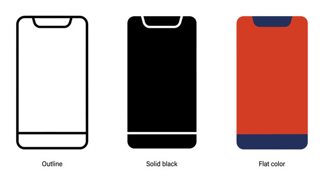 Set of three smartphone icons with notch design in outline, solid black, and flat color styles