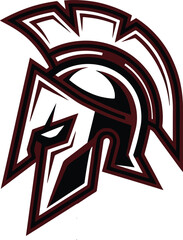 Obraz premium Spartan helmet logo vector illustration, maroon and black ancient greek warrior mascot icon for esports or sports team branding, isolated on white background.