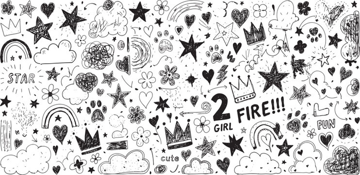 Doodle elements collection with hand drawn stars hearts crowns and clouds on transparent background. Vector illustration