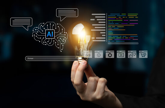 A captivating visual representation of artificial intelligence featuring a light bulb symbolizing ideas, set against a digital background with data and coding elements. Cyphers