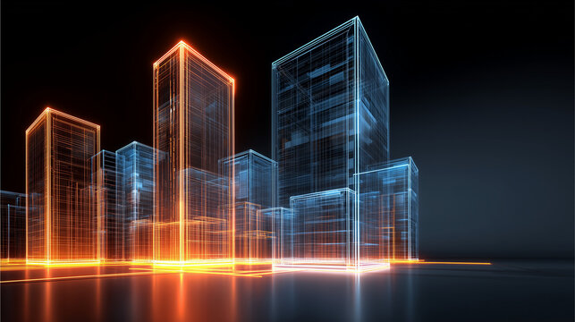 Premium abstract proptech background with sleek translucent 3D glass building structures and orange wireframe network lines with copy space