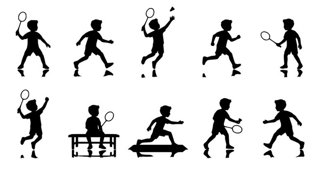 Isometric badminton player vector sheet featuring ten cartoon boy characters in various athletic training and game poses